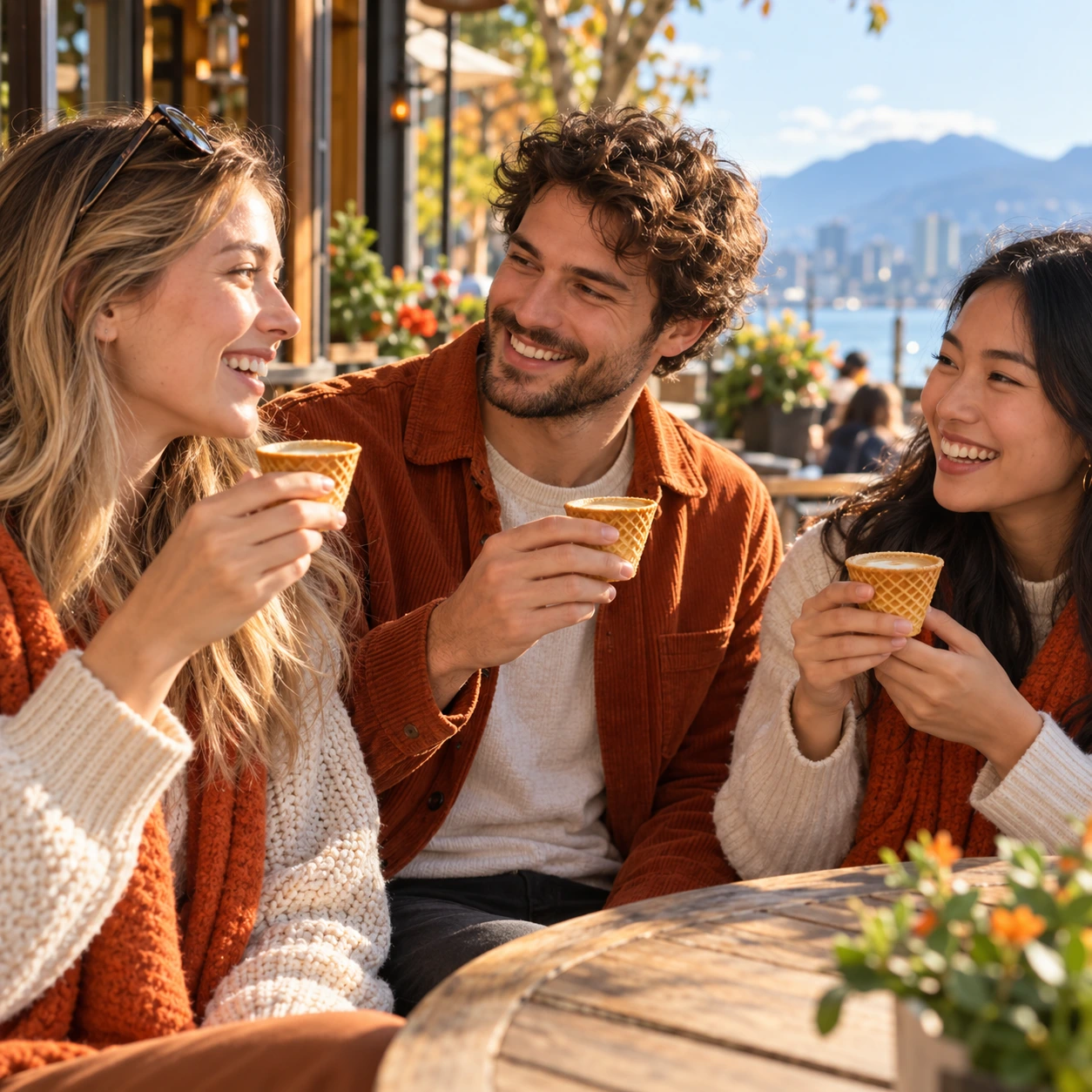 CRÜM concept image of friends enjoying waffle cup coffees outside a café