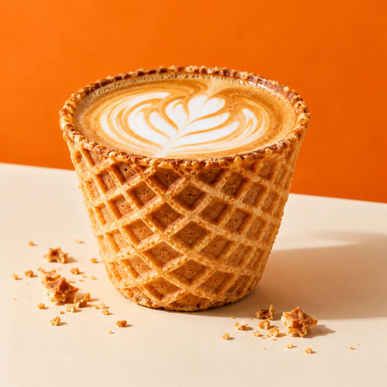 Concept photograph of an unbranded golden waffle cup filled with latte art