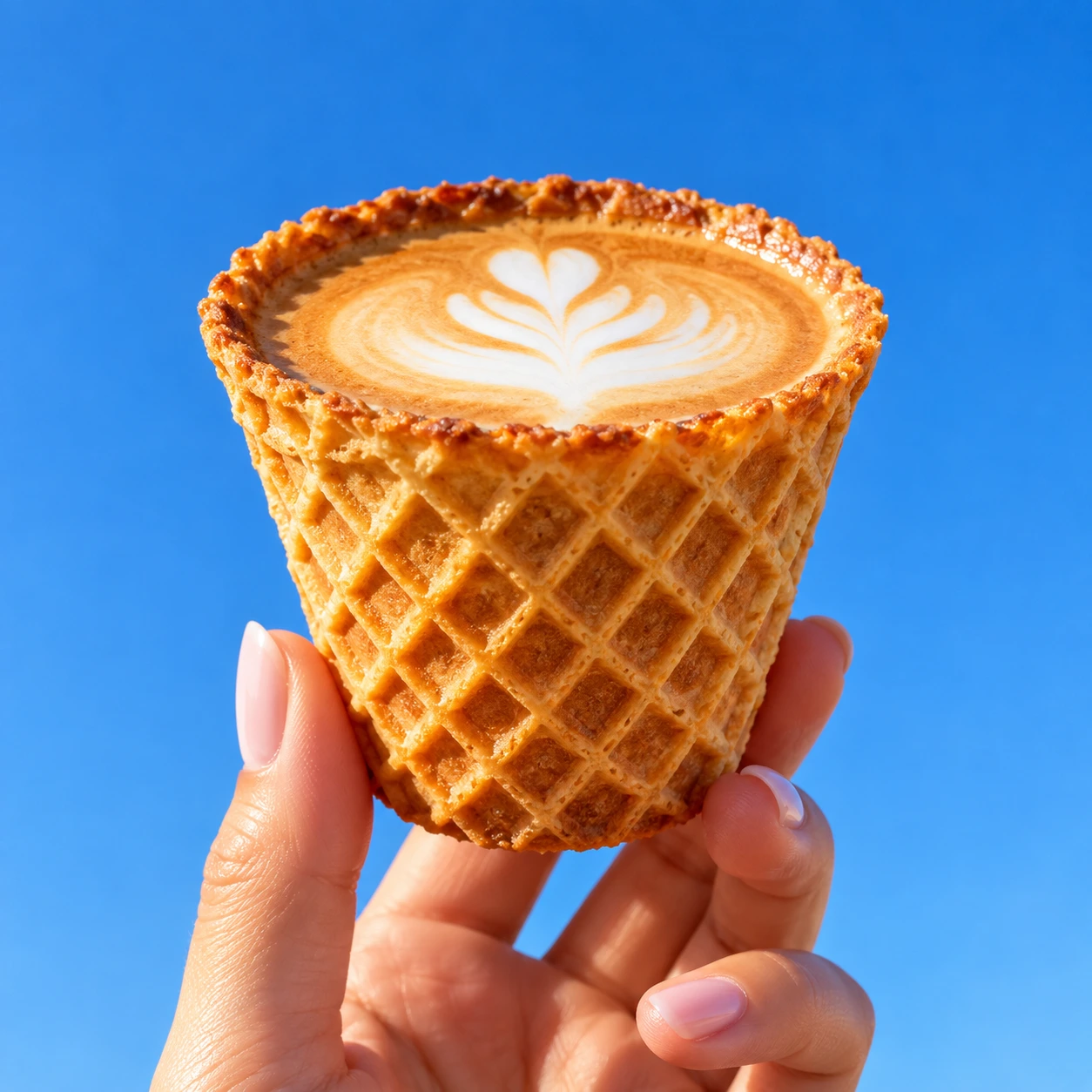 A waffle coffee cup held up against a bright blue sky